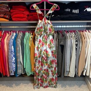 Olsenboye blue/red floral adjustable strap lined elastic waist jumpsuit size XS